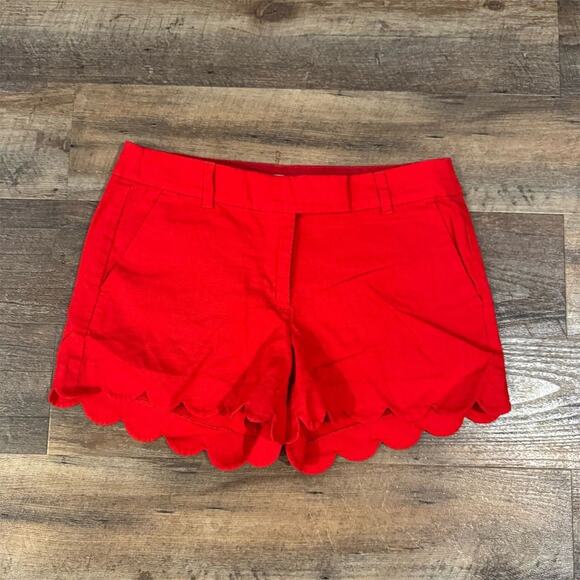J. Crew Women's Red Scalloped Hem Chino Shorts Linen Cotton Blend 8 Preppy READ - Picture 1 of 10